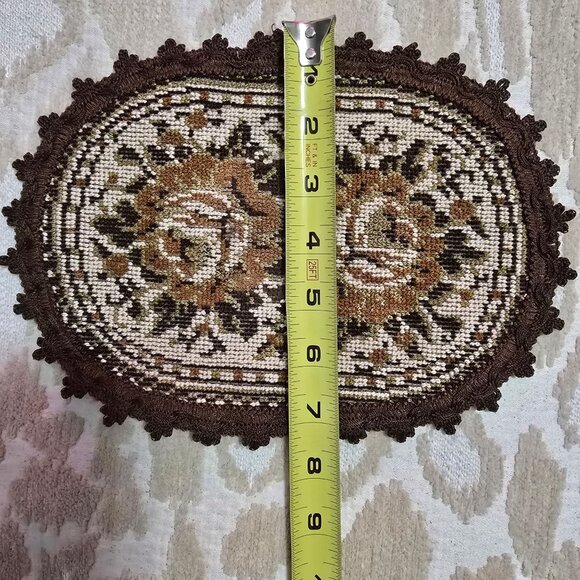 Vintage Set of 2 MCM Floral Embroidered Lace Doilies Round & Oval Beige & Brown - Picture 9 of 9